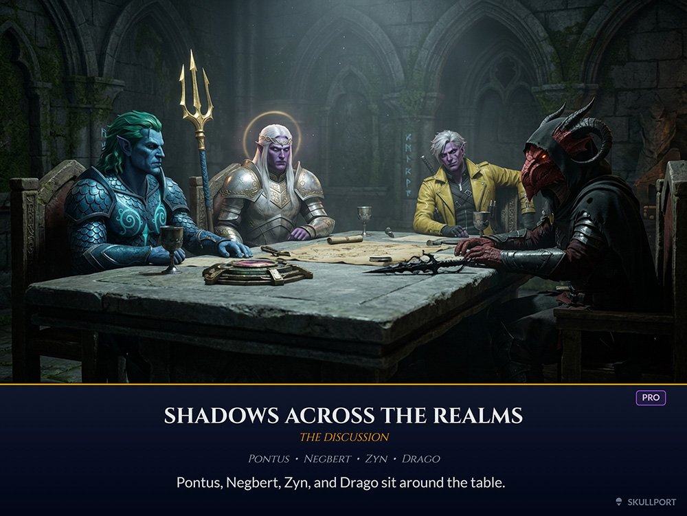 Four fantasy adventurers planning around a stone table in a gothic hall